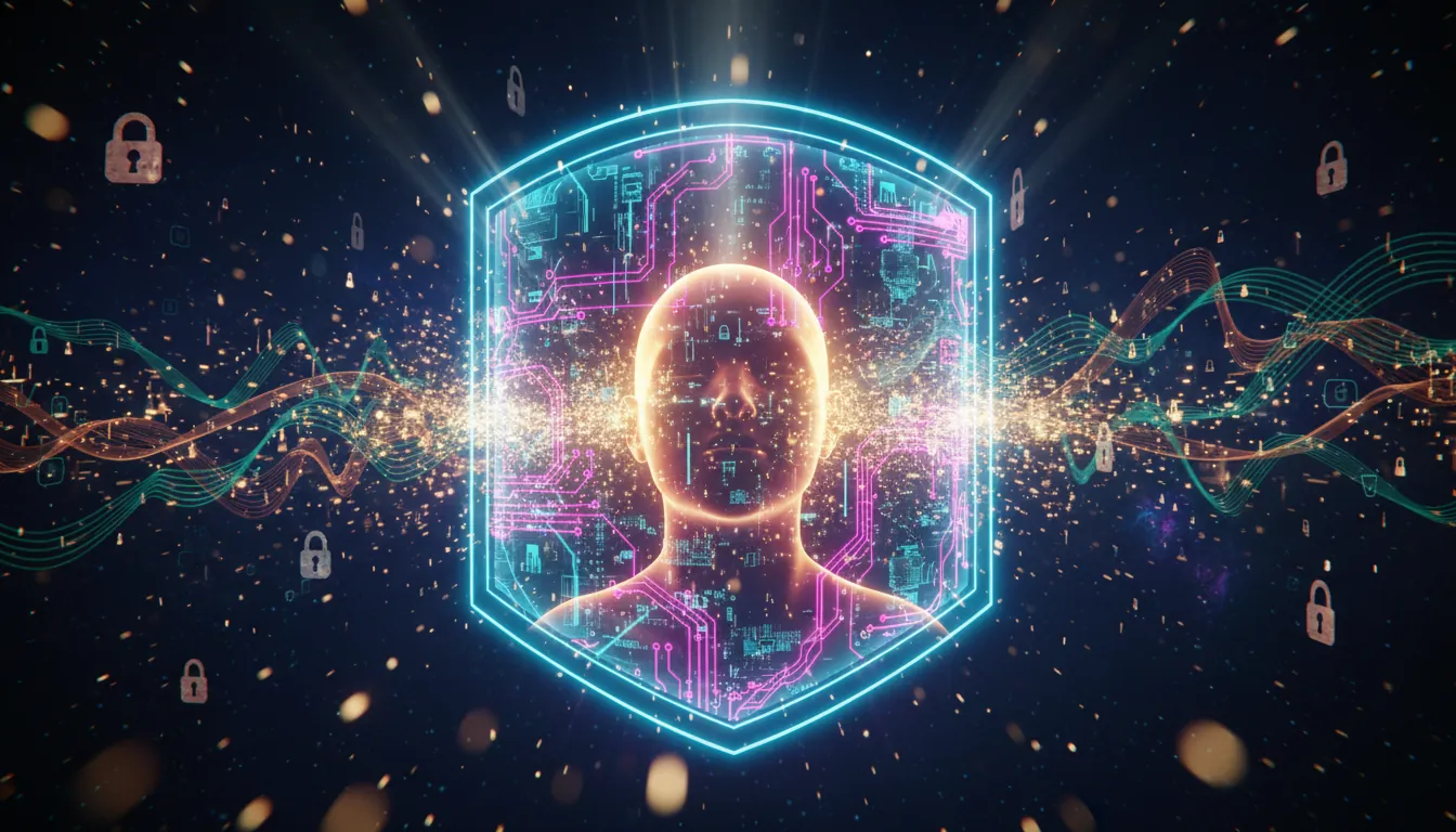 AI face swap privacy protection with a digital shield guarding facial data